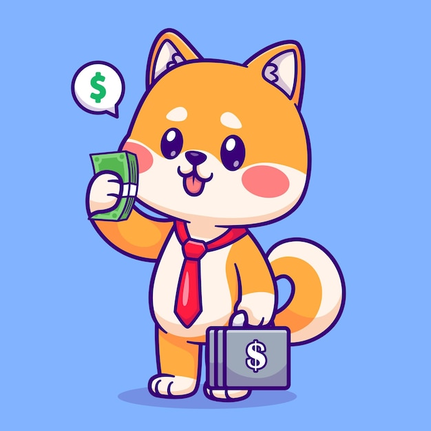 Lindo Shiba Inu Perro Negocio Con Dinero Y Maleta Dibujos Animados Vector Icono Ilustración Animal