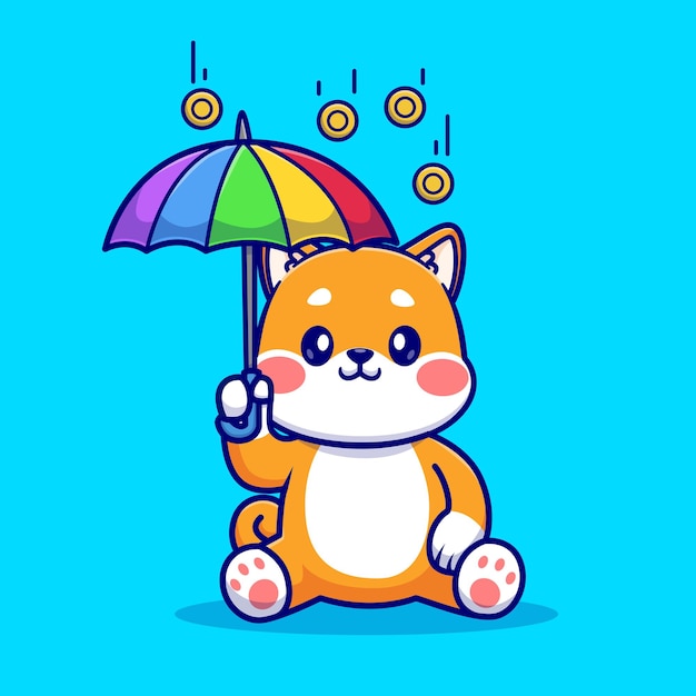 Lindo shiba inu perro con paraguas en moneda de oro lluvia dibujos animados vector icono ilustración negocio animal