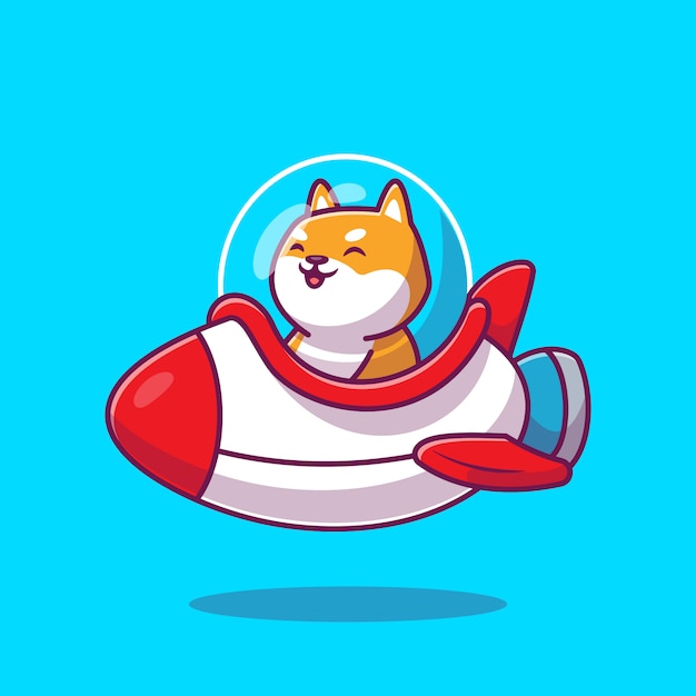 Lindo shiba inu riding rocket cartoon icon illustration. concepto de icono de transporte animal premium aislado. estilo plano de dibujos animados