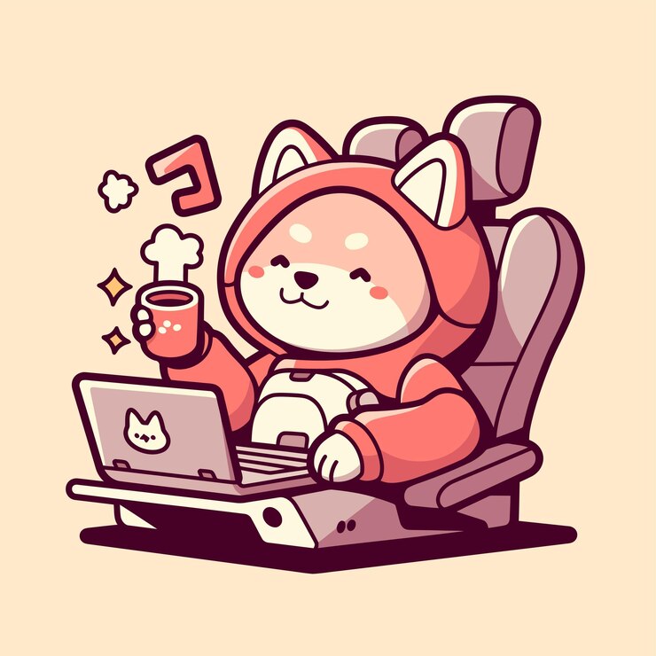 El lindo Shiba Inu trabajando en la computadora portátil con café