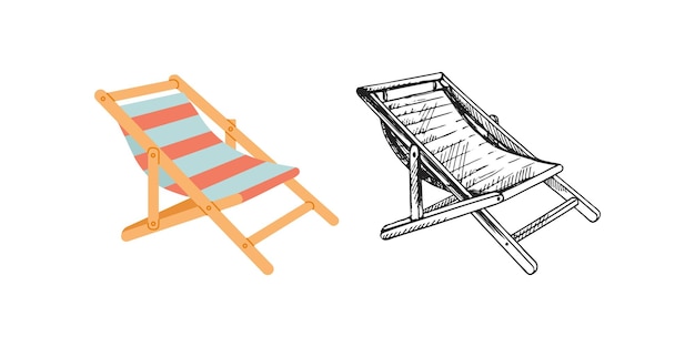 Lindo sillón de playa dibujado a mano Ilustración vectorial plana y de contorno negra aislada