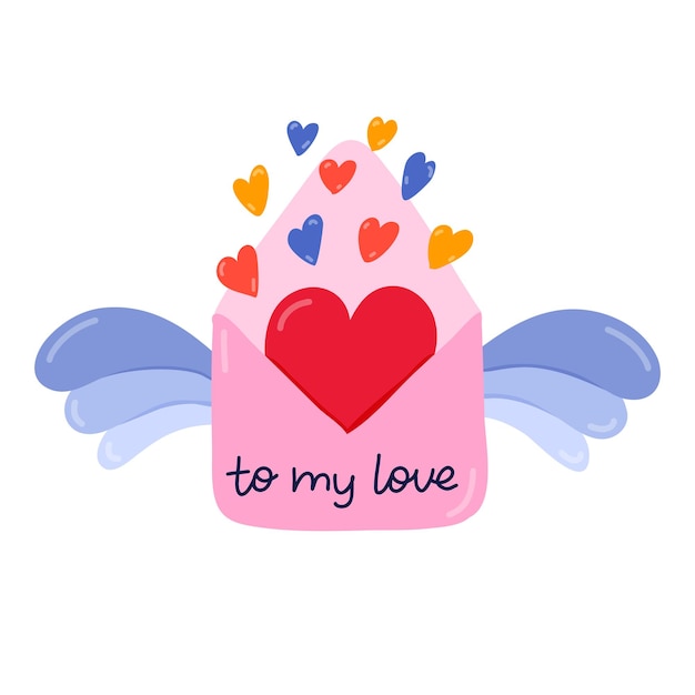 Lindo sobre con alas gran corazón dentro de pequeños corazones que salen de él Imágenes prediseñadas vectoriales dibujadas a mano Concepto de amor romance vacaciones 14 de febrero Para el álbum de recortes de la etiqueta engomada de la tarjeta del día de San Valentín