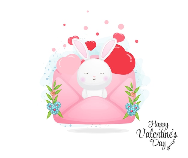 Vector lindo sobre con conejito dentro lindo personaje de dibujos animados de elementos de san valentín