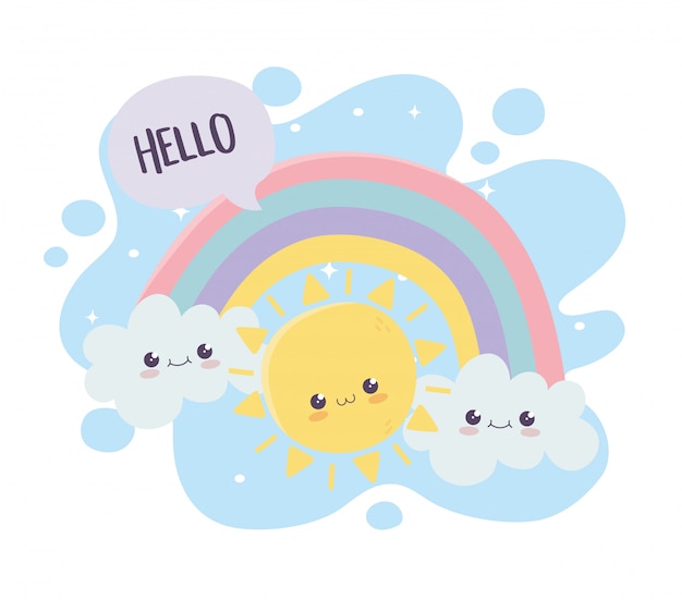 Vector lindo sol arco iris nubes hola kawaii personaje de dibujos animados