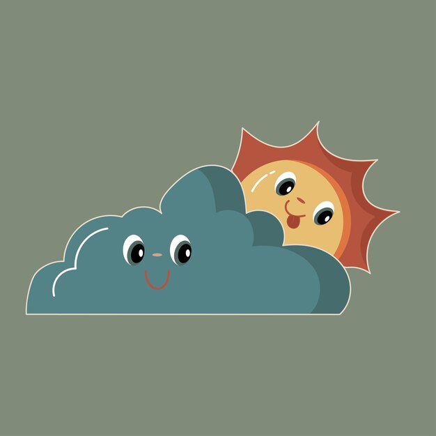 Lindo sol brillante y personajes de nubes sonrientes con expresiones de cara feliz Icono de clima parcialmente soleado Ilustración de vector plano colorido infantil aislado sobre fondo blanco
