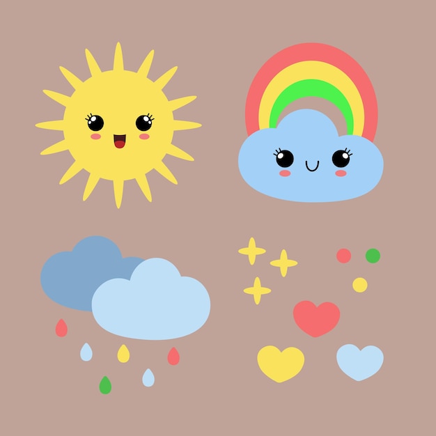 Lindo sol y nube en estilo kawaii Ilustración vectorial plana