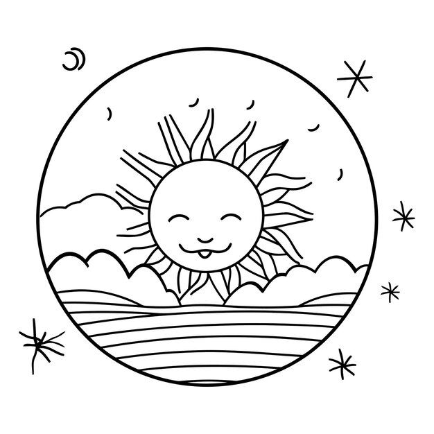 Lindo sol en el paisaje con luna y estrellas diseño de ilustración vectorial