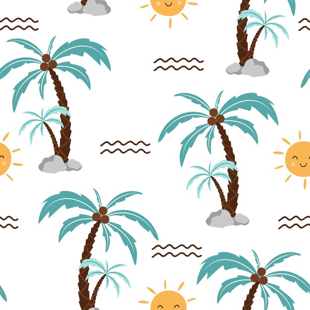 Lindo sol de patrones sin fisuras con palmeras sobre fondo blanco Diseño para tarjeta de tela textil
