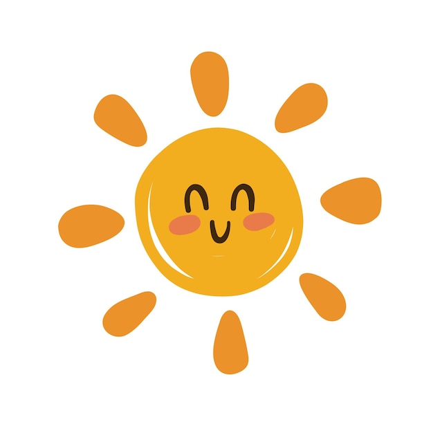 Lindo sol vectorial al estilo de dibujos animados Sol con rayos y sonrisa Ilustración para niños Impresión Ilustración plana para niños Fondo aislado blanco