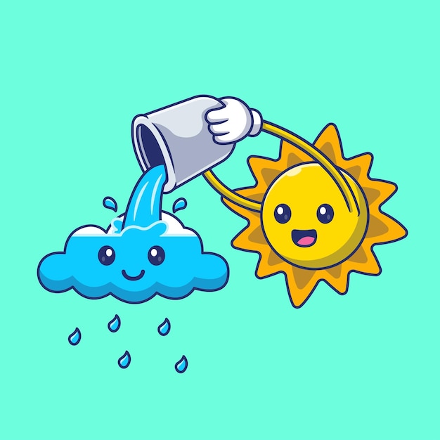 Lindo sol vertiendo agua en la nube Cartoon Vector icono ilustración ciencia naturaleza icono aislado plano