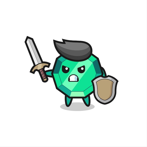 Lindo soldado de piedras preciosas esmeralda luchando con espada y escudo, diseño de estilo lindo para camiseta, pegatina, elemento de logotipo