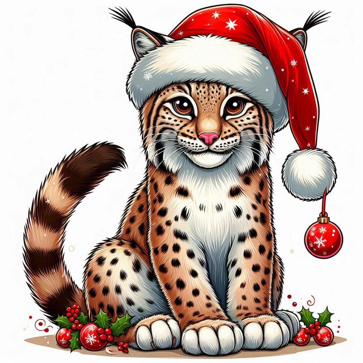 Vector el lindo sombrero de santa de navidad de lynx se sienta en un fondo blanco de arte vectorial de dibujos animados