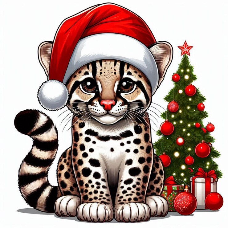 Vector el lindo sombrero de santa de navidad de ocelot se sienta en un fondo blanco de arte vectorial de dibujos animados
