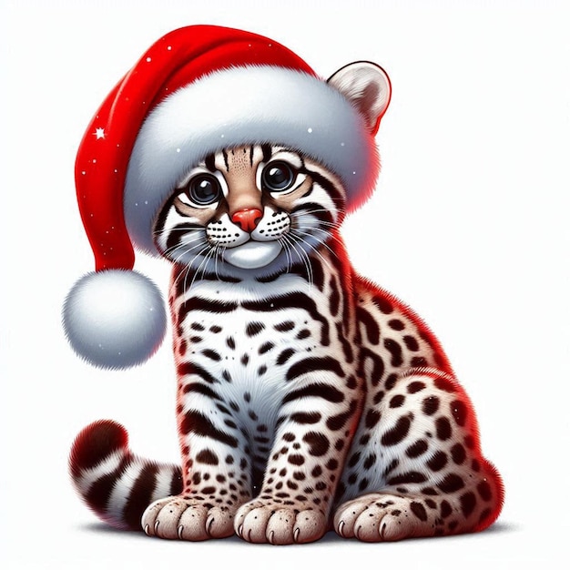 El lindo sombrero de Santa de Navidad de Ocelot se sienta en un fondo blanco de arte vectorial de dibujos animados