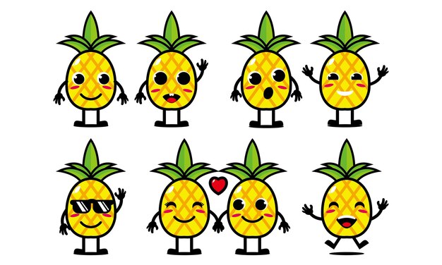 Lindo, sonriente, divertido, piña, conjunto, selección, vector, caricatura, plano, cara, carácter, mascota, ilustración