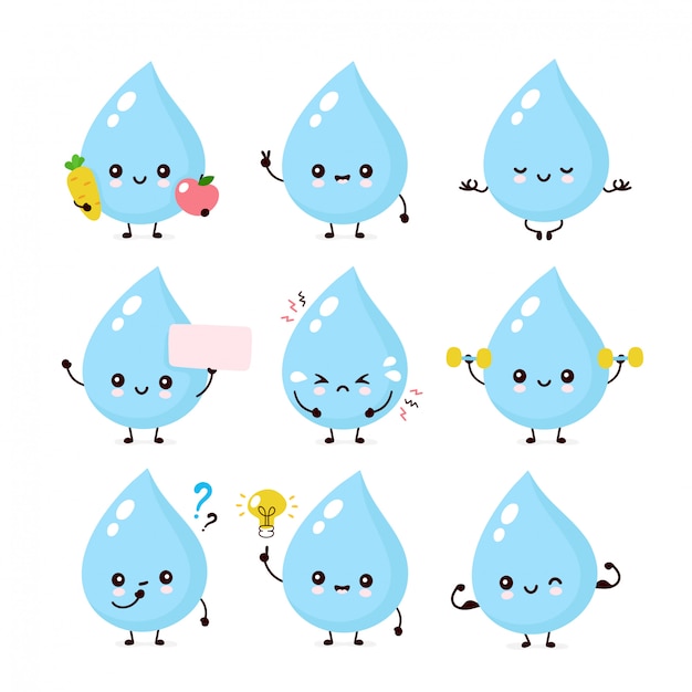 Lindo sonriente feliz gota de agua set colección. ilustración de personaje de dibujos animados plana. aislado sobre fondo blanco. concepto de paquete de caracteres de gota de agua