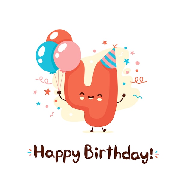 Lindo sonriente número cuatro con globos en sombrero de fiesta. feliz cumpleaños, 4, year., vector, plano, caricatura, carácter, ilustración, icono, design., aislado, blanco, fondo. concepto de tarjeta de feliz cumpleaños 4 años