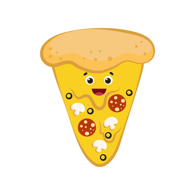 Lindo sonriente rebanada de pizza divertida diseño colorido de dibujos animados bueno para el diseño de menú ilustración vectorial