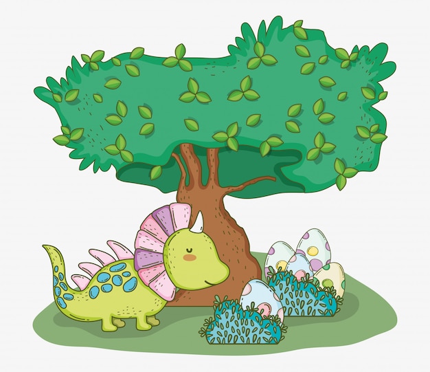 Lindo styracosaurus con huevos dino y árbol