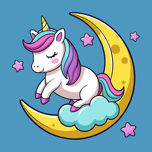 El lindo sueño lunar del unicornio Ilustración vectorial de dibujos animados