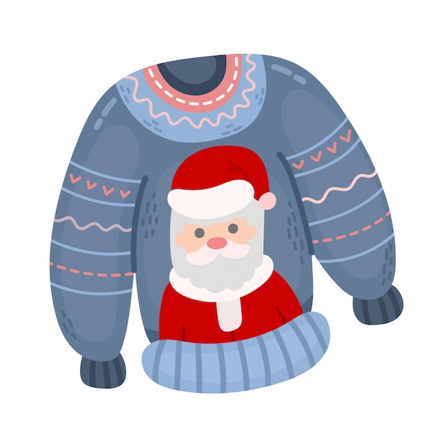 Lindo suéter de invierno o de año nuevo de punto con estampado de Papá Noel sobre fondo blanco