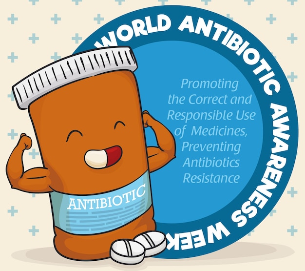 Vector lindo súper antibiótico con botón redondo con mensaje responsable para la semana de concientización sobre los antibióticos
