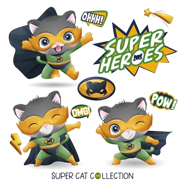 Lindo super gato con ilustración acuarela