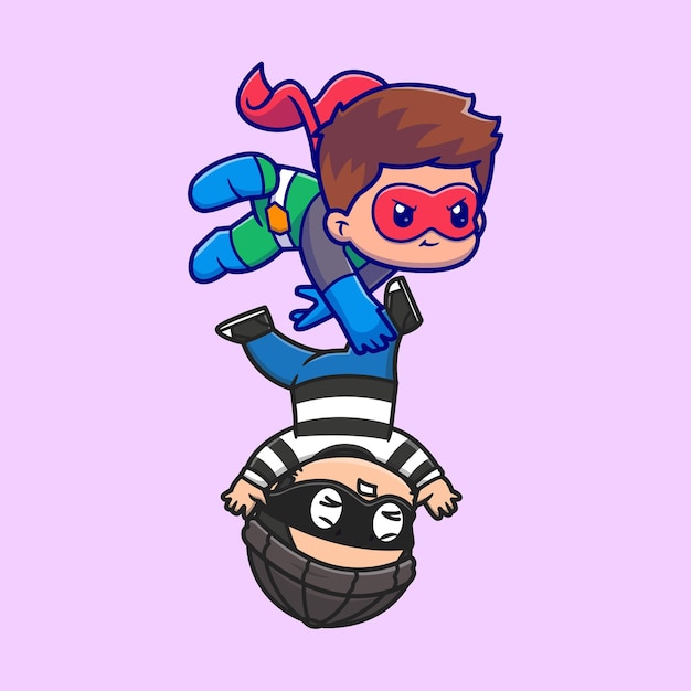 Lindo Superhéroe Atrapando Ladrón Dibujos Animados Vector Icono Ilustración Personas Icono De Vacaciones Aislado Plano