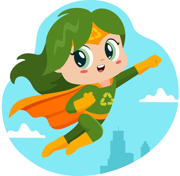 Vector lindo superhéroe niño niña personaje de dibujos animados volando vector dibujado a mano ilustración