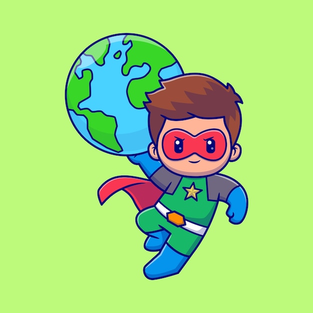 Vector lindo superhéroe salvar la tierra mundo globo dibujos animados vector icono ilustración personas vacaciones aislado plano