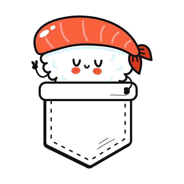 Vector lindo sushi divertido en estampado de camiseta de bolsillo