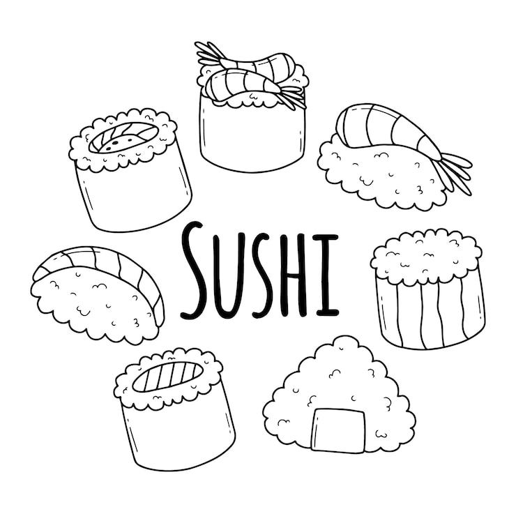 Vector lindo sushi en estilo doodle ilustración vectorial comida asiática sushi de salmón onigiri y sushi de camarones personajes de sushi