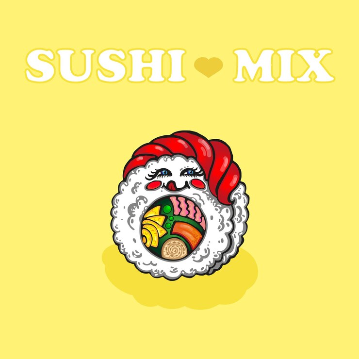 Lindo sushi que muestra la lengua con hermosos ojos y mejillas rojizas Rollo Kawaii con anguila sobre un fondo amarillo