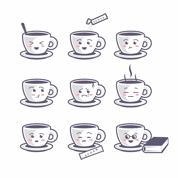 Vector lindo, taza de café, icono, conjunto, plano, caricatura, estilo