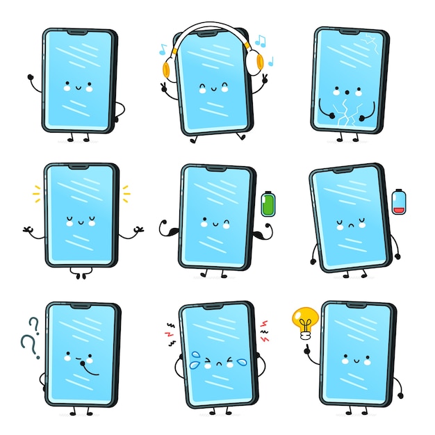 Lindo teléfono inteligente feliz, colección de juego de caracteres de teléfono móvil. Icono de ilustración de personaje de kawaii de dibujos animados de línea plana de vector. Aislado. Teléfono de llamada, paquete de caracteres de cara de teléfono inteligente