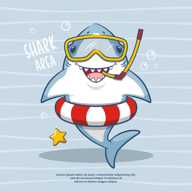 Vector lindo tiburón de buceo, área de tiburones, ilustración de dibujos animados de animales