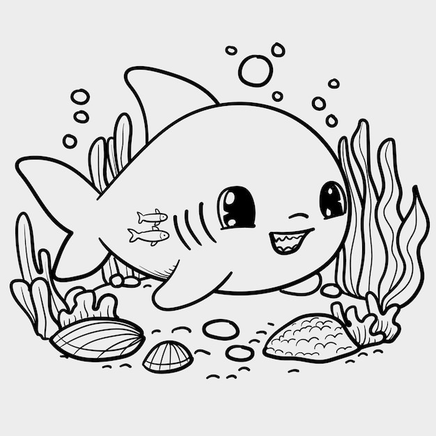 Lindo tiburón de dibujos animados Ilustración vectorial para libro de colorear