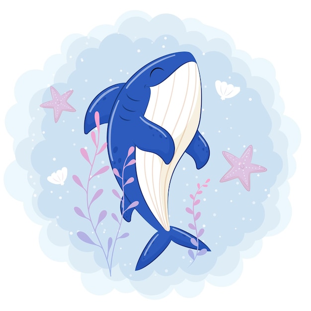 Lindo tiburón nadando en la ilustración de dibujos animados de mar