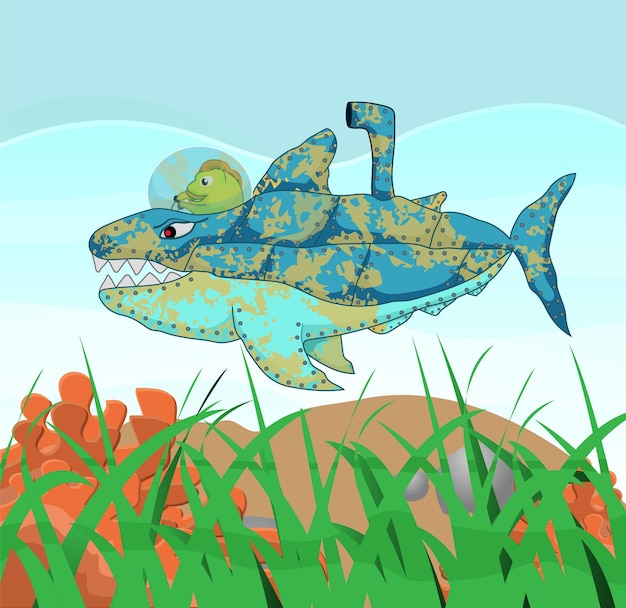 Vector lindo tiburón submarino de dibujos animados en el agua