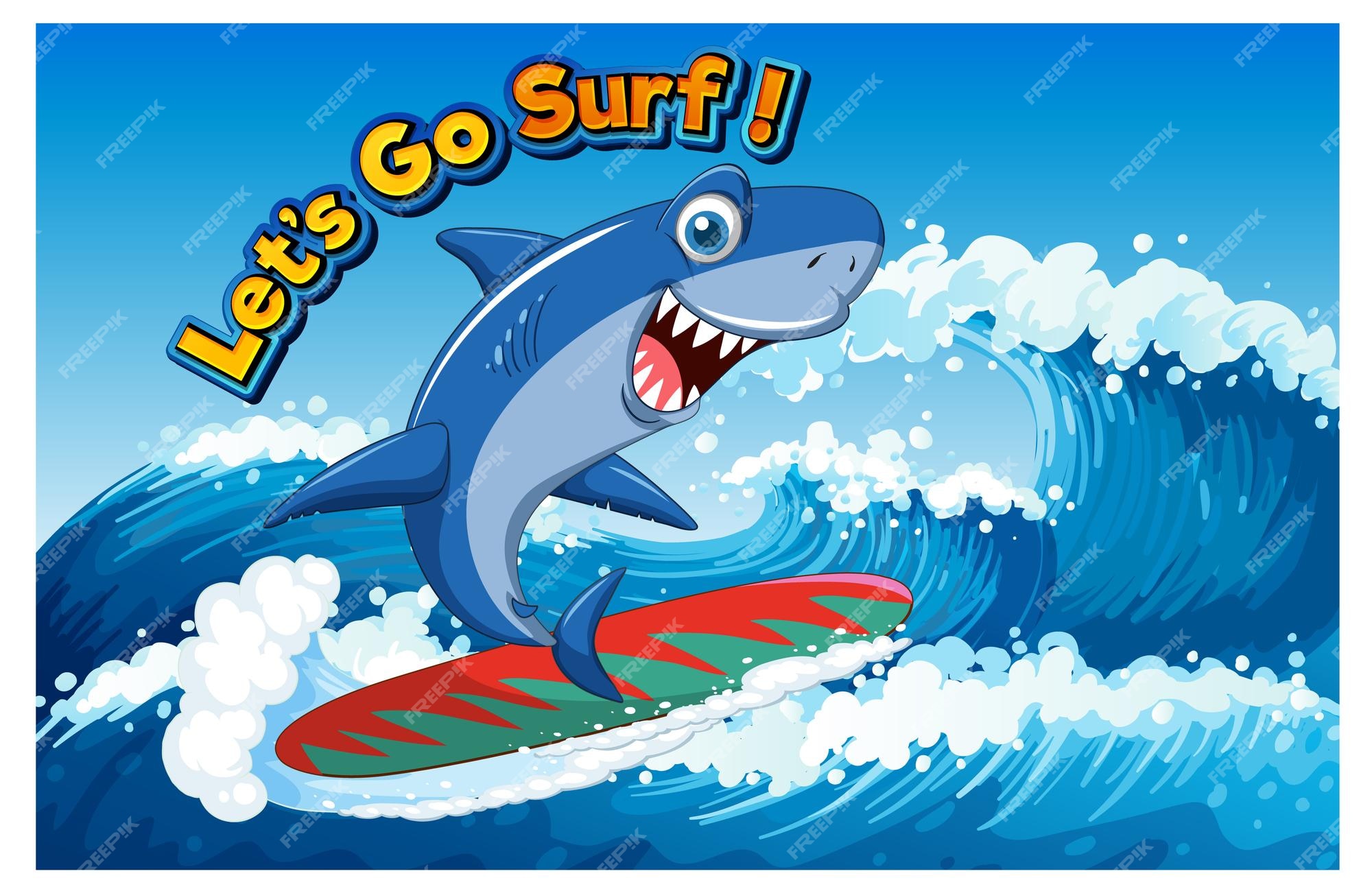 Lindo tiburón surf dibujos animados océano escena | Vector Premium Lindo tiburón surf dibujos animados océano escena | Vector Premium