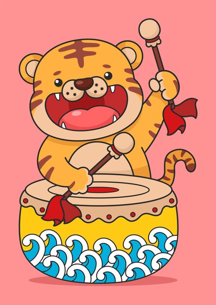 Lindo tigre de año nuevo chino tocando el tambor