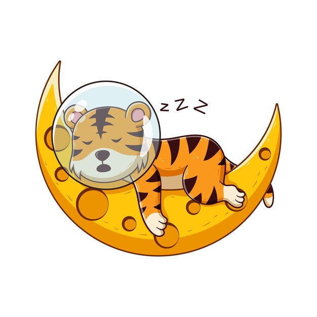 Lindo tigre astronauta durmiendo en la caricatura de la luna. Concepto de icono de animales