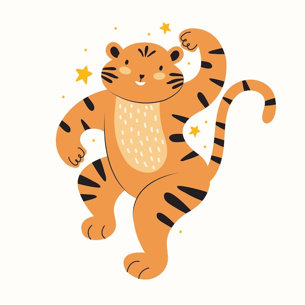 Lindo tigre bailando año nuevo y navidad personaje animal tigre divertido de dibujos animados en vector