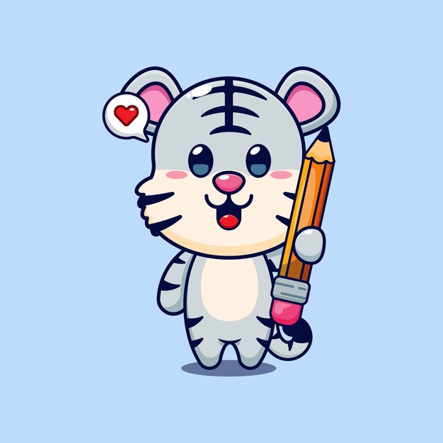 Un lindo tigre blanco con un lápiz en la mano. Ilustración vectorial de dibujos animados.