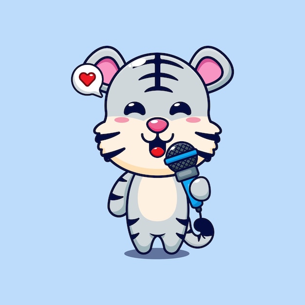 El lindo tigre blanco con el micrófono. Ilustración vectorial de dibujos animados.