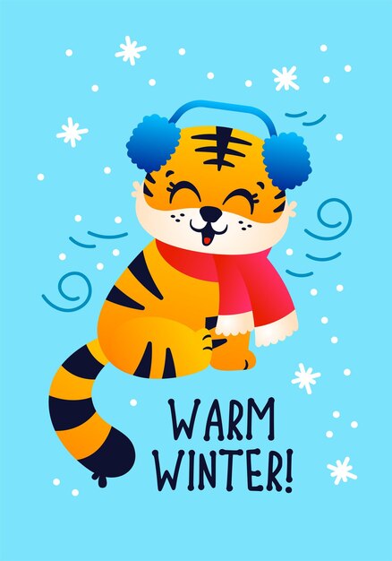 Lindo tigre cálido auriculares carácter símbolo Feliz año nuevo divertido ilustración tarjeta cartel banner