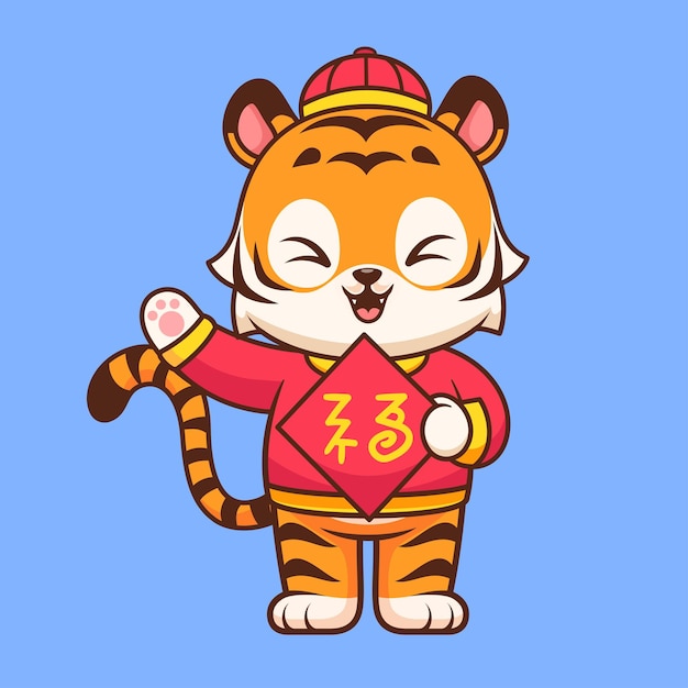 Lindo tigre chino sosteniendo una bandera pancarta de dibujos animados icono vectorial ilustración animal vacaciones aisladas