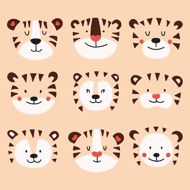 Lindo tigre conjunto Ilustración dibujo a mano estilo garabato Personaje de dibujos animados divertido