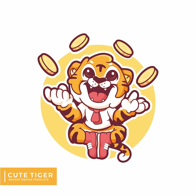 lindo tigre con diseño de logotipo de mascota de monedas