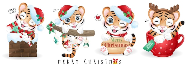 Lindo tigre doodle para el conjunto de ilustración de feliz navidad